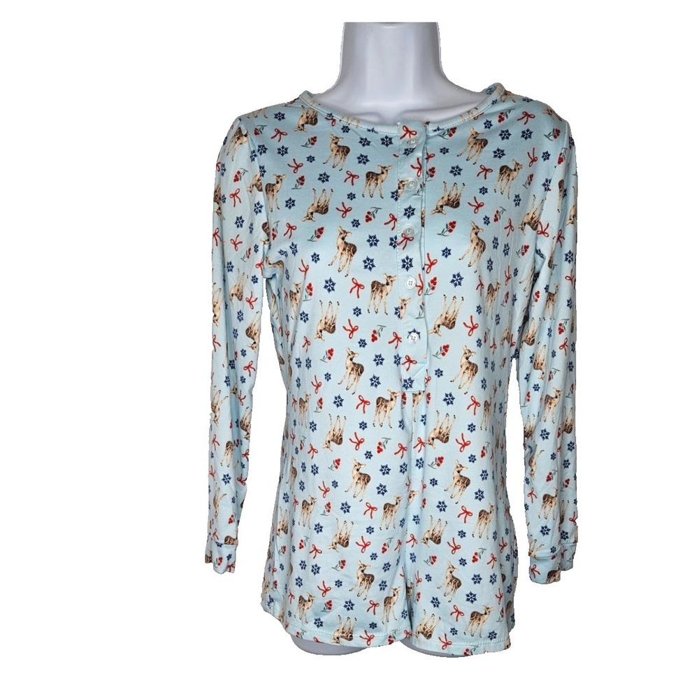 Womens Pajama Romper Deer Print Blue Holiday Sleepwear Long Sleeve Size‎ L